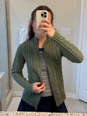 L.L. Bean Olive Green Cable Knit Zip Cardigan Double L Sweater